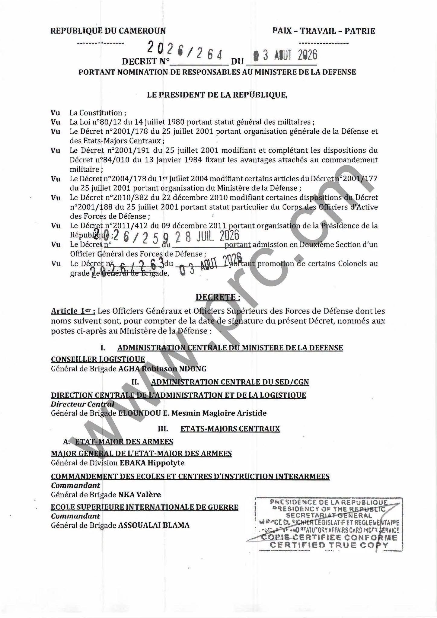 Actualité - Cameroun : Paul Biya nomme de nouveaux responsables au ministère de la Défense et promeut des officiers généraux